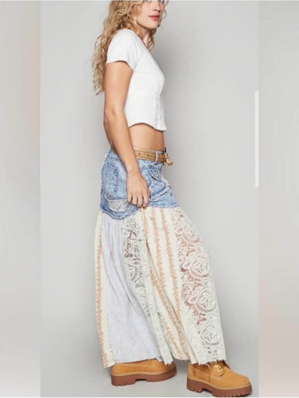 POL Boho Denim and Cream Lace Patchwork Maxi Skirt
